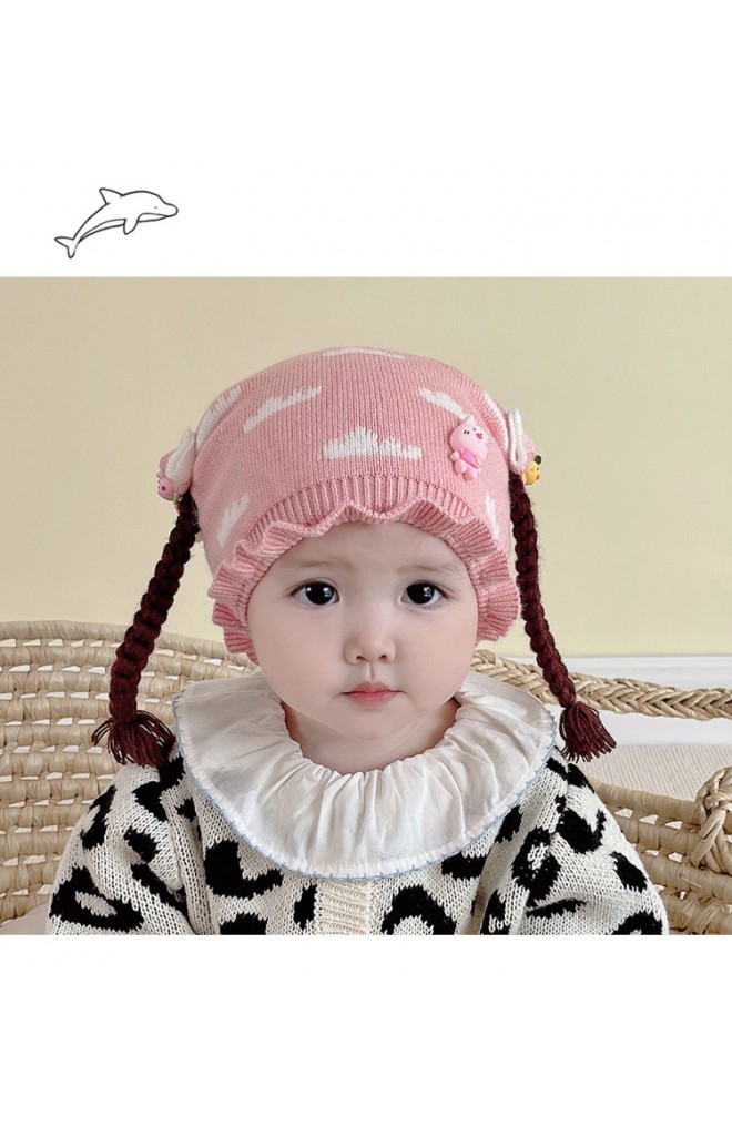 หมวกเปียลายเมฆแต่งตุ๊กตาสัตว์น่ารัก ขอบระบาย