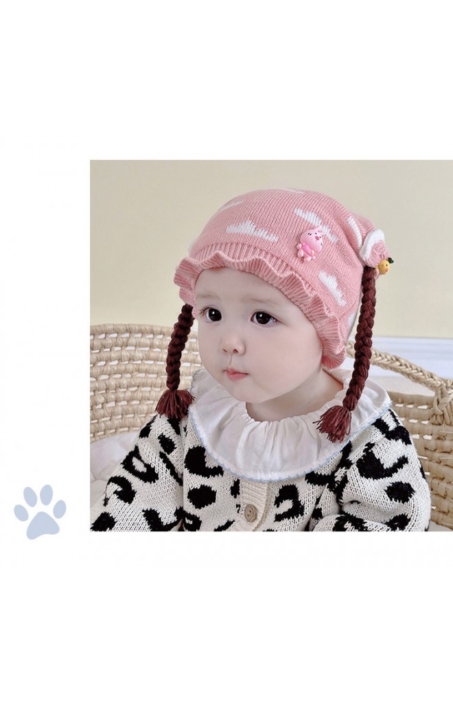 หมวกเปียลายเมฆแต่งตุ๊กตาสัตว์น่ารัก ขอบระบาย
