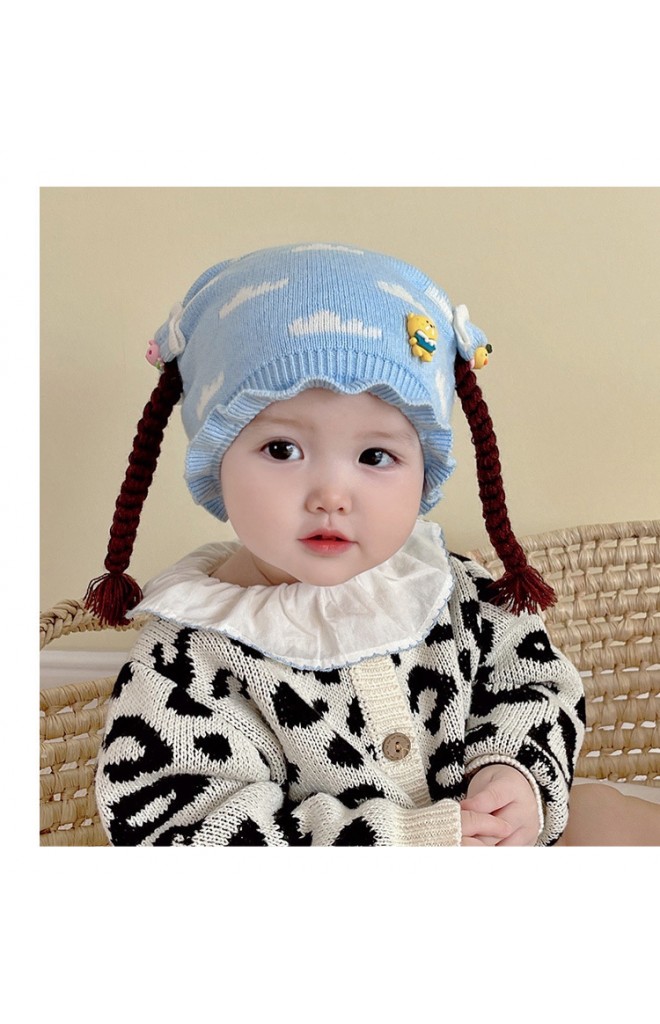 หมวกเปียลายเมฆแต่งตุ๊กตาสัตว์น่ารัก ขอบระบาย