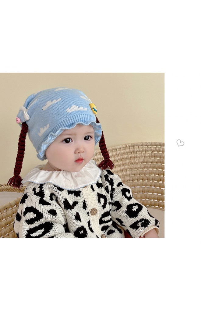หมวกเปียลายเมฆแต่งตุ๊กตาสัตว์น่ารัก ขอบระบาย
