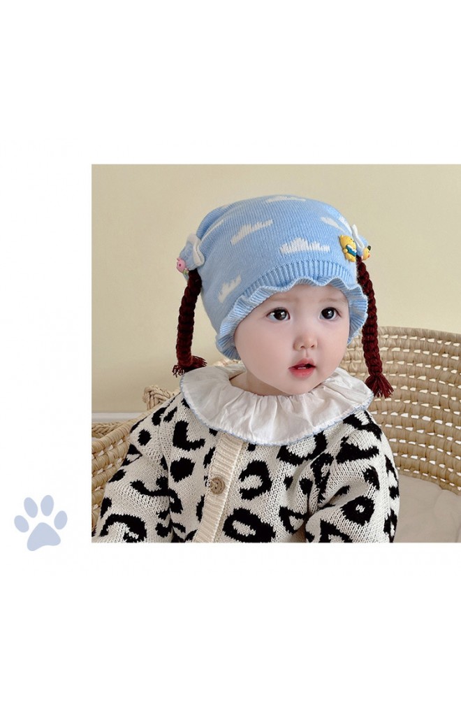 หมวกเปียลายเมฆแต่งตุ๊กตาสัตว์น่ารัก ขอบระบาย