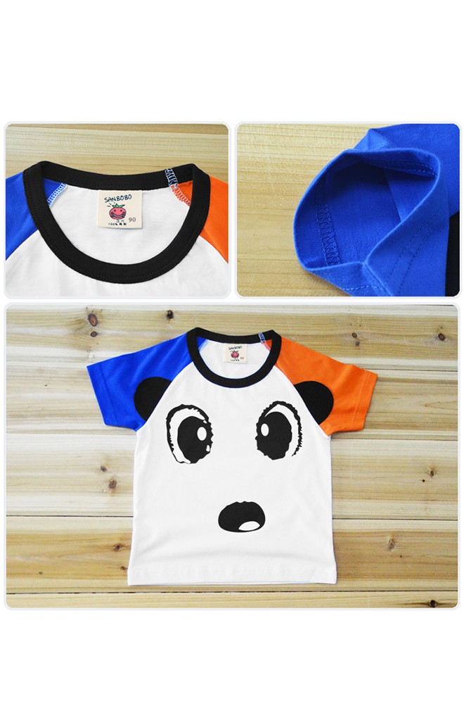 เสื้อยืดเด็กคอกลมแขนสั้น สีขาว ผ้า Cotton ตัดต่อแขนเสื้อ 2 สี