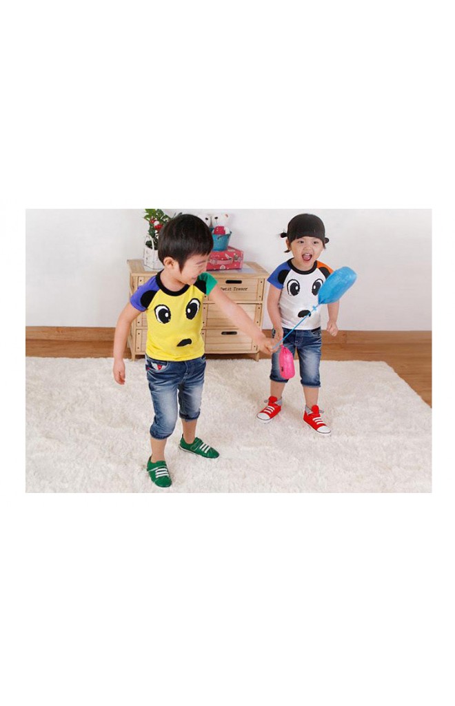 เสื้อยืดเด็กคอกลมแขนสั้น สีขาว ผ้า Cotton ตัดต่อแขนเสื้อ 2 สี