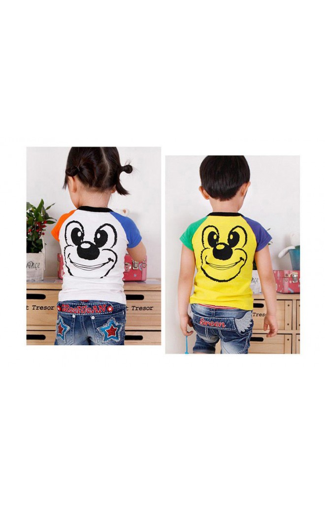 เสื้อยืดเด็กคอกลมแขนสั้น สีขาว ผ้า Cotton ตัดต่อแขนเสื้อ 2 สี