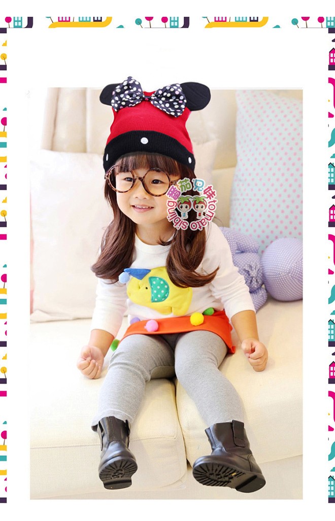 หมวกหูมิกกี้แต่งโบว์ใหญ่ แต่งขอบลายจุด