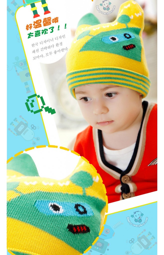 หมวกถักลายหุ่นยนต์มีเขา ผ้าหนานุ่ม
