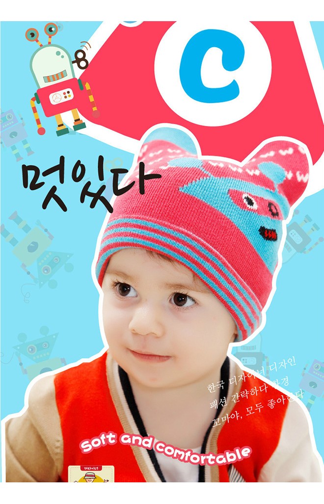 หมวกถักลายหุ่นยนต์มีเขา ผ้าหนานุ่ม