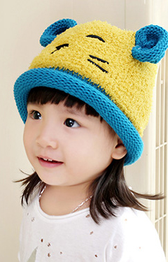 หมวกไหมพรมหมีน้อย แต่งหูน่ารัก ขอบหมวกม้วนกลม