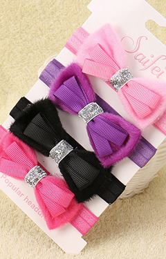 สายคาดผมโบว์ซ้อนคาดสีเงิน แพ็ค 4 สี ชมพูอ่อน ชมพูเข้ม ม่วง และ ดำ