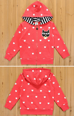 เสื้อคลุมเด็กแขนยาวมีฮู้ดสีแดง สกรีนลายแมว ซิบหน้า