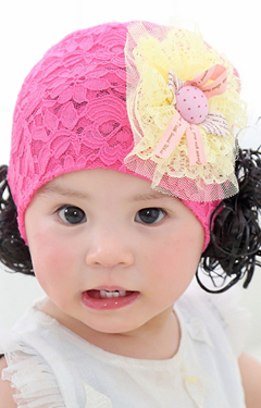 หมวกปอยผมผ้าลูกไม้แต่งโบว์กระดุมและลูกไม้เหลือง