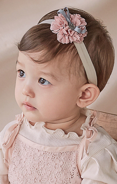 สายคาดผมดอกไม้กลีบซ้อนสีชมพูกลีบบัวแต่งโบว์เทา
